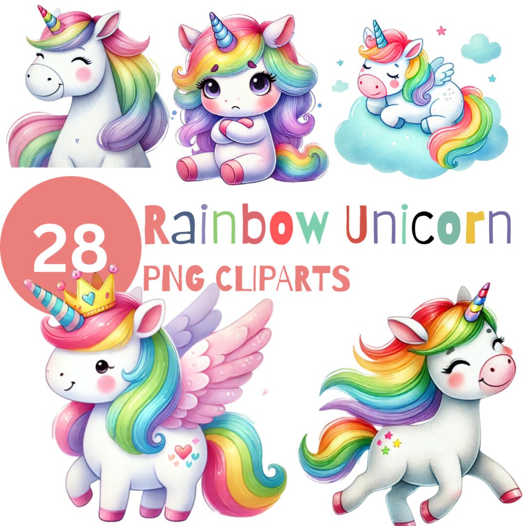 28 Cute Rainbow Unicorn Clipart PNG, Magic Unicorn PNG, Watercolor ...