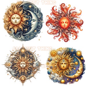 May include: Four celestial illustrations featuring the sun and moon. One shows a sun face with a crescent moon, another a fiery sun, and two more with intricate details, stars, and clouds. The text "ALL BEST THING" is visible.