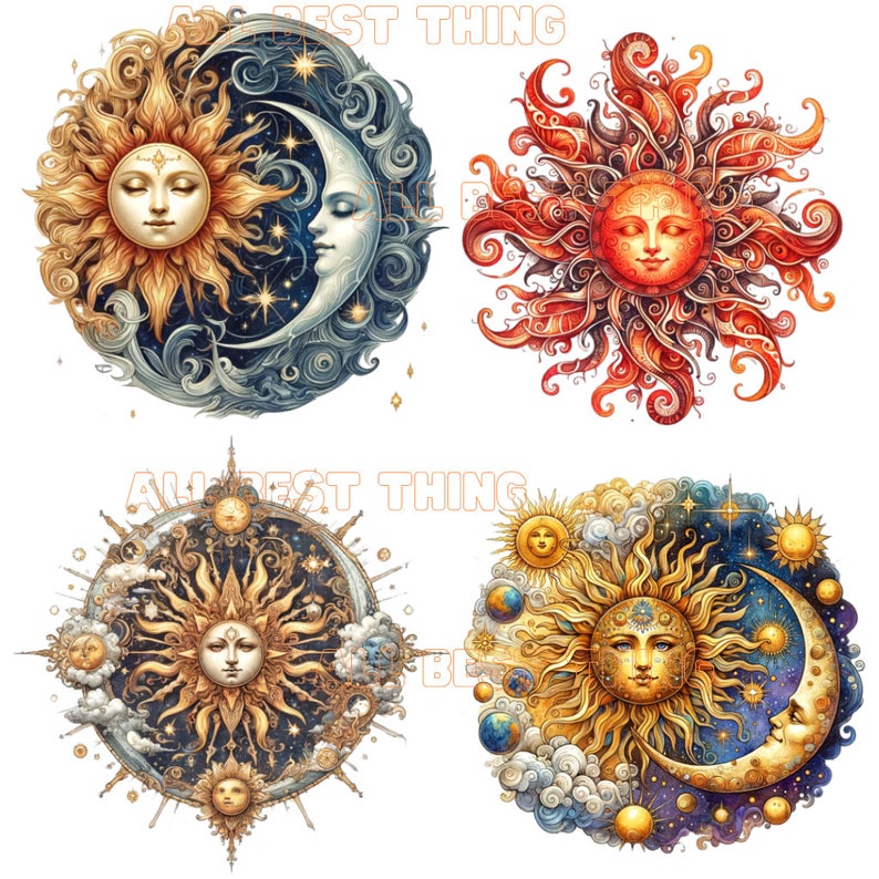 May include: Four celestial illustrations featuring the sun and moon. One shows a sun face with a crescent moon, another a fiery sun, and two more with intricate details, stars, and clouds. The text "ALL BEST THING" is visible.