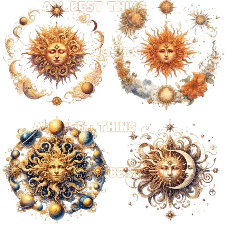 May include: Four celestial-themed illustrations featuring suns, moons, and planets. The suns have detailed faces and are surrounded by ornate designs. The color palette includes gold, orange, and blue tones, with the text "ALL BEST THING" in the background.