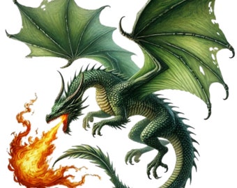 May include: A green dragon with large wings and a long tail is breathing fire. The dragon is flying in the air with its mouth open and flames coming out.