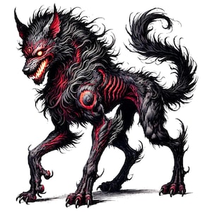 Puede incluir: Una criatura de color negro y rojo con forma de lobo, con ojos rojos brillantes y dientes afilados. La criatura tiene una expresión feroz y se representa en una pose dinámica.