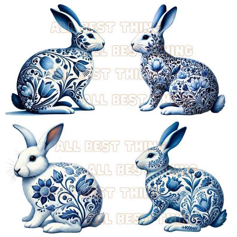 28 Delft Blue Rabbit Clipart, Watercolor Bunny PNG Set, Floral Rabbit ...