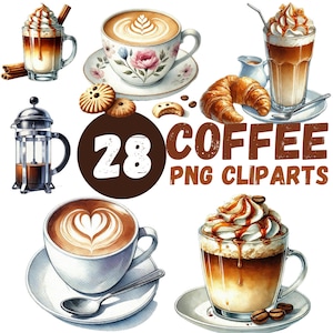 May include: A set of 28 watercolor illustrations of coffee drinks, including lattes, cappuccinos, and iced coffee. The illustrations are in a realistic style and feature various toppings, such as whipped cream, caramel, and chocolate.