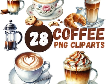 28 Watercolor coffee PNG clipart, Coffee drinks clipart, Coffee pots, coffee grinders, Coffee beans, Cup of coffee, PNG, Coffee Sublimation