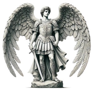 May include: A white stone sculpture of an angel with wings outstretched, wearing armour and holding a sword. The angel has a serious expression on its face.