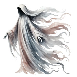 Op de afbeelding: Een aquarel van een geest met een vloeiende witte en grijze robe. De geest is afgebeeld met een gekapte kop en uitgestrekte armen.