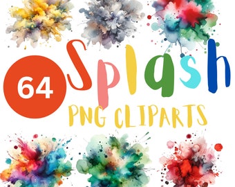 64 Akwarela Kolor Splash PNG Clipart Farba Splatter Clipart Kolorowy Tusz Clipart Abstrakcyjny Clipart | PNG, Użytek Komercyjny, Natychmiastowe Pobieranie