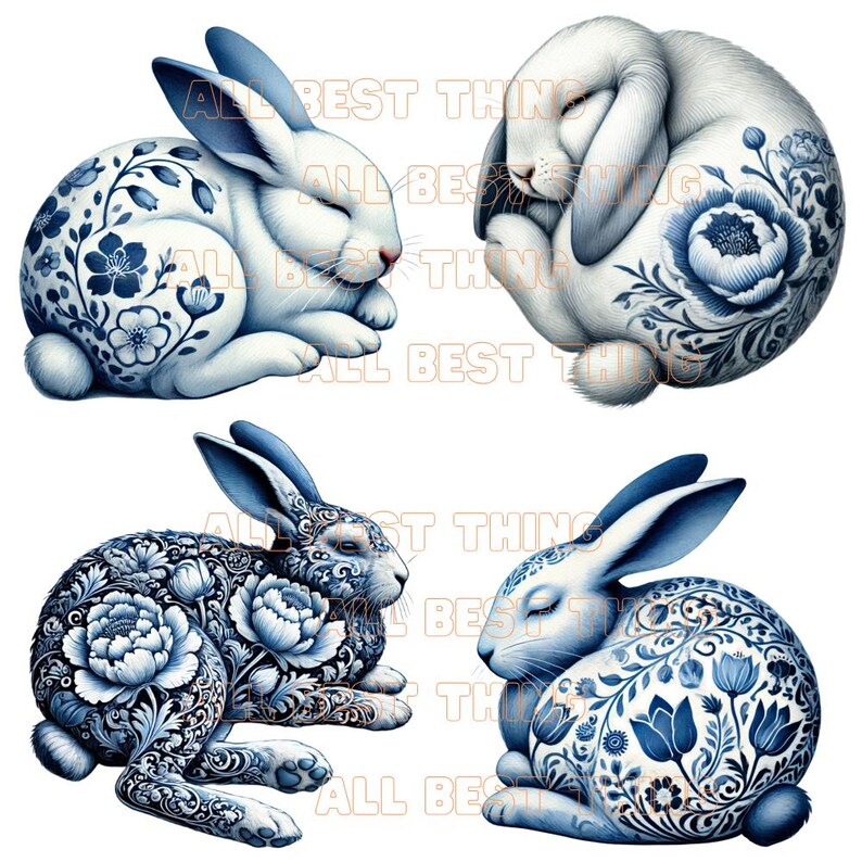 Delf Blue Rabbit 28 Delft Blue Rabbit Clipart, Watercolor Bunny PNG Set, Floral Rabbit ...