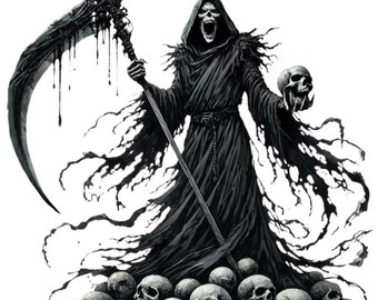Op de afbeelding: Een zwart-witte illustratie van de Grim Reaper, een skeletachtige figuur in een gewatteerde kap, die een zeis en een schedel vasthoudt. De Grim Reaper staat op een stapel schedels.