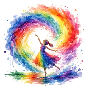 May include: A watercolour illustration of a figure in a vibrant rainbow-coloured dress dancing amidst a swirling vortex of multicoloured paint splashes. The artwork features a spectrum of red, orange, yellow, green, blue, and purple hues.