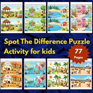 May include: A colorful activity book for kids featuring "Spot the Difference" puzzles. The cover displays various scenes with cartoon characters and the text "Spot The Difference Puzzle Activity for kids" and "77 Pages".