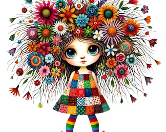 32 Flower Quirky Girl Clipart PNG, Watercolor, Commercial Use, Cute Whimsical Girl, Instant Download, Flower Lover, DIY Journal, Girl Bundle