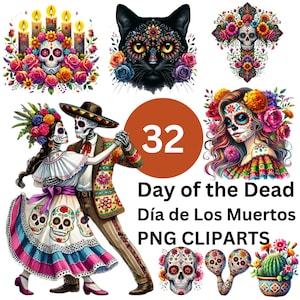 Aquarelle de 32 jours des morts, Dia de los Muertos Sugar Skull PNG Clipart Bundle tout usage graphique mexicain Catrina numérique