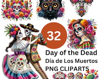 32 giorni dei morti acquerello PNG Clipart, Dia de los Muertos Sugar Skull PNG Clipart Bundle uso commerciale grafica messicana Catrina digitale