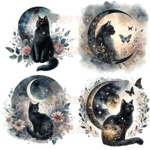 Puede incluir: Cuatro ilustraciones digitales de gatos negros sentados en lunas crecientes con un fondo de cielo estrellado. Cada luna est&aacute; rodeada de elementos florales y mariposas.