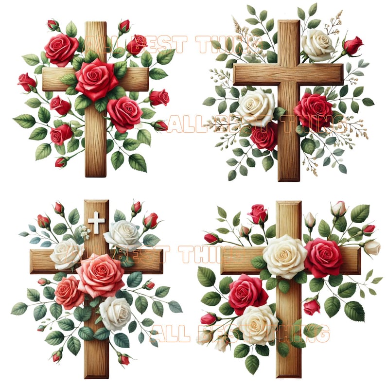 Red Roses Cross 28 Flower Cross Watercolor, Rose Cross Watercolor, Pastel Clipart Cross ...