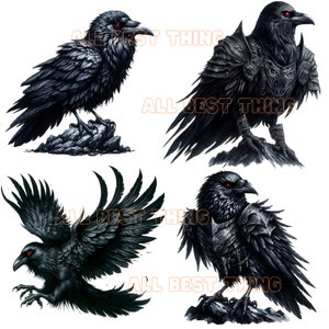 May include: Four black ravens with red eyes, two are perched on rocks and two are perched on a rock with their wings spread out. The ravens are wearing armor and have a dark, menacing look.