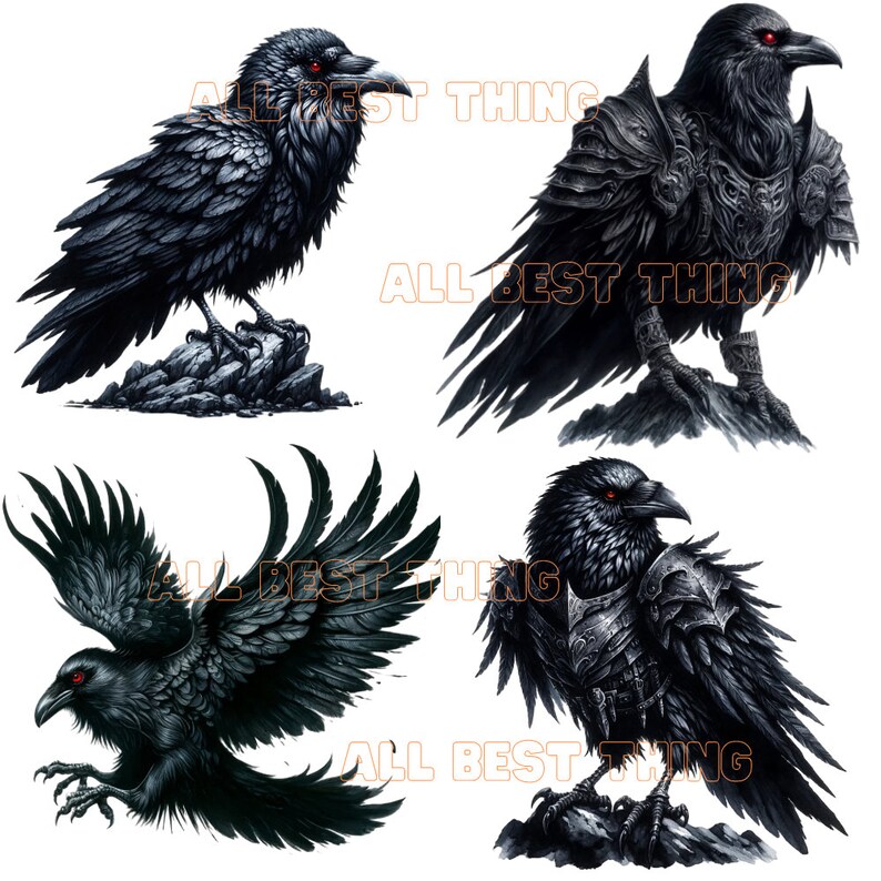 May include: Four black ravens with red eyes, two are perched on rocks and two are perched on a rock with their wings spread out. The ravens are wearing armor and have a dark, menacing look.