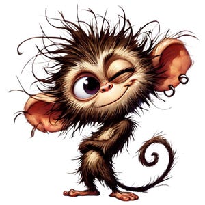 May include: A cartoon illustration of a brown monkey with a mischievous expression. The monkey is winking, has messy fur, and wears hoop earrings. Its tail is curled, and it has a playful, expressive face.