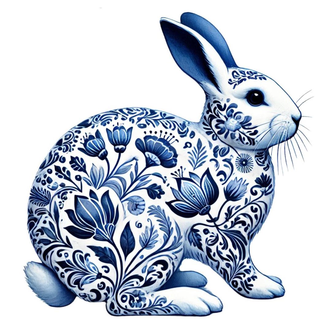 28 Delft Blue Rabbit Clipart, Watercolor Bunny PNG Set, Floral Rabbit ...