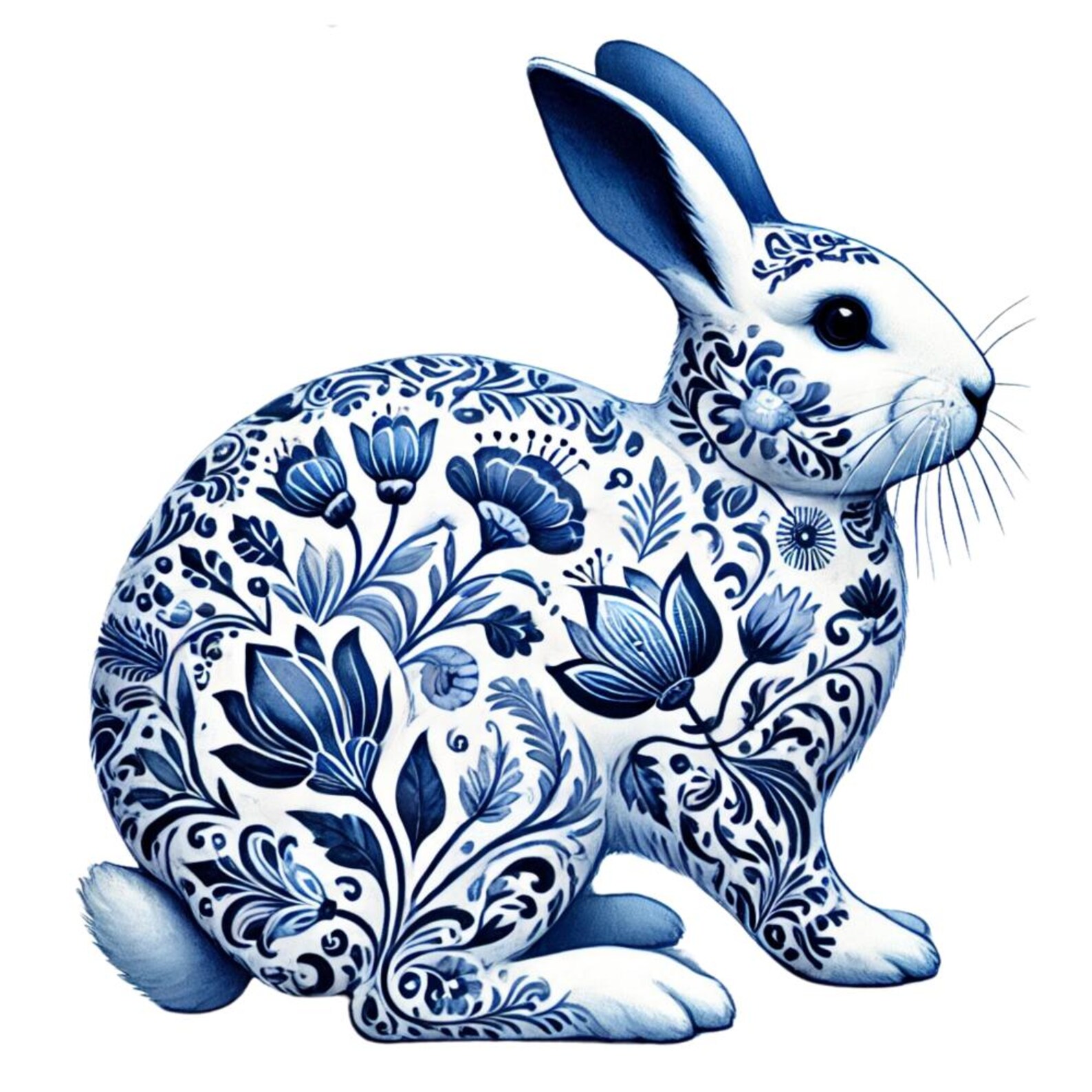 Delf Blue Rabbit 28 Delft Blue Rabbit Clipart, Watercolor Bunny PNG Set, Floral Rabbit ...