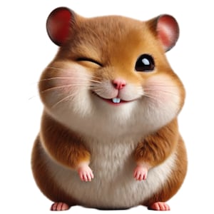 Puede incluir: Un hámster marrón con la barriga blanca está guiñando un ojo y sonriendo. El hámster tiene la nariz rosa y pequeños dientes blancos.