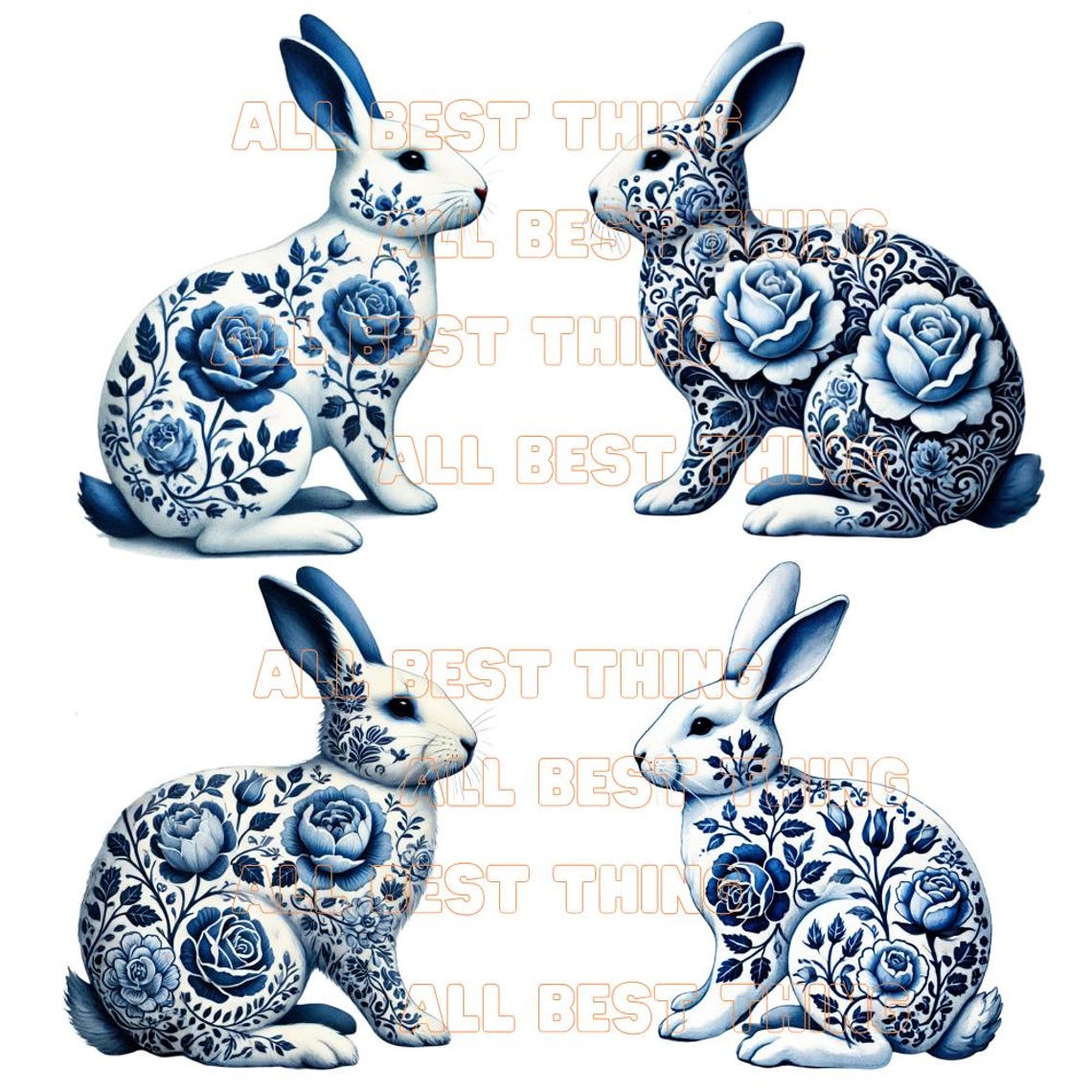 28 Delft Blue Rabbit Clipart, Watercolor Bunny PNG Set, Floral Rabbit ...