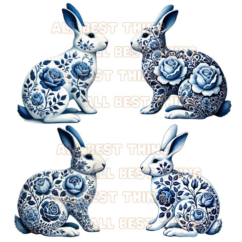Delf Blue Rabbit 28 Delft Blue Rabbit Clipart, Watercolor Bunny PNG Set, Floral Rabbit ...