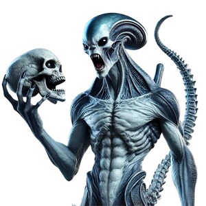 May include: A blue alien creature with a long tail and a skull in its hand. The alien has a large head with a prominent jaw and sharp teeth. The skull is white and has a detailed bone structure.