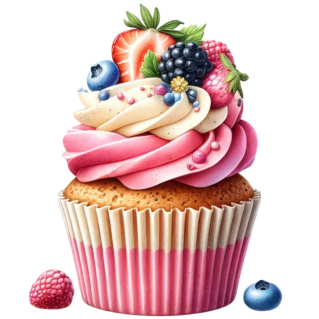 24 Watercolor Berry Cupcakes PNG Clipart, Cupcake Clip Art, Watercolor ...