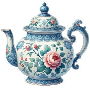 Può includere: Una teiera in porcellana bianca con un design blu e floreale. La teiera ha un coperchio con un design floreale e un manico con un design a rotolo.