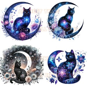 Puede incluir: Cuatro ilustraciones digitales de gatos negros sentados en lunas crecientes con un fondo de galaxia. Cada luna est&aacute; rodeada de flores y estrellas.