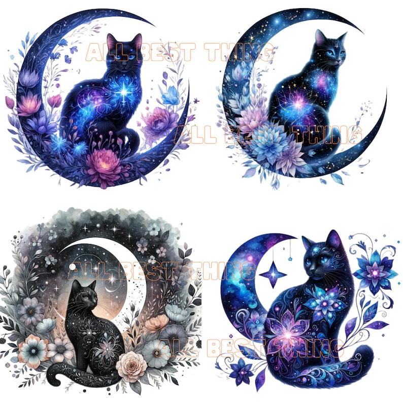 Puede incluir: Cuatro ilustraciones digitales de gatos negros sentados en lunas crecientes con un fondo de galaxia. Cada luna est&aacute; rodeada de flores y estrellas.