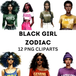 Black Girl Zodiac, African American Zodiac Clipart | 12 PNG | Digital download | Commercial use |  HQ Printable PNG format instant download