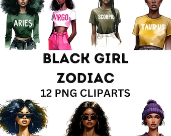 Puede incluir: Un conjunto de 12 ilustraciones digitales de mujeres negras que representan cada signo del zodíaco. Cada ilustración presenta a una mujer con cabello oscuro y rizado y un atuendo diferente, con el signo del zodíaco escrito en la ropa. Los signos son Aries, Virgo, Escorpio, Tauro, Libra, Géminis, Capricornio, Cáncer, Leo, Sagitario, Piscis y Acuario.