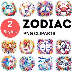 2 Styles Zodiacs - Horoscope Signs - Astrological Watercolor ClipArt Bundle - HQ Printable PNG format instant download, Commercial Use