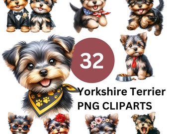 Op de afbeelding: Een set van 32 digitale clipart-afbeeldingen met schattige Yorkshire Terrier-puppy's in verschillende poses en outfits. De afbeeldingen zijn perfect voor knutselen, scrapbooking en andere creatieve projecten.