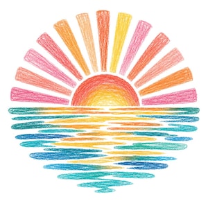 May include: A circular illustration of a sunset over water, rendered in a crayon texture. The sun features a yellow centre with orange and pink rays. Below, the water is depicted with horizontal strokes of blue, teal, and yellow colours.