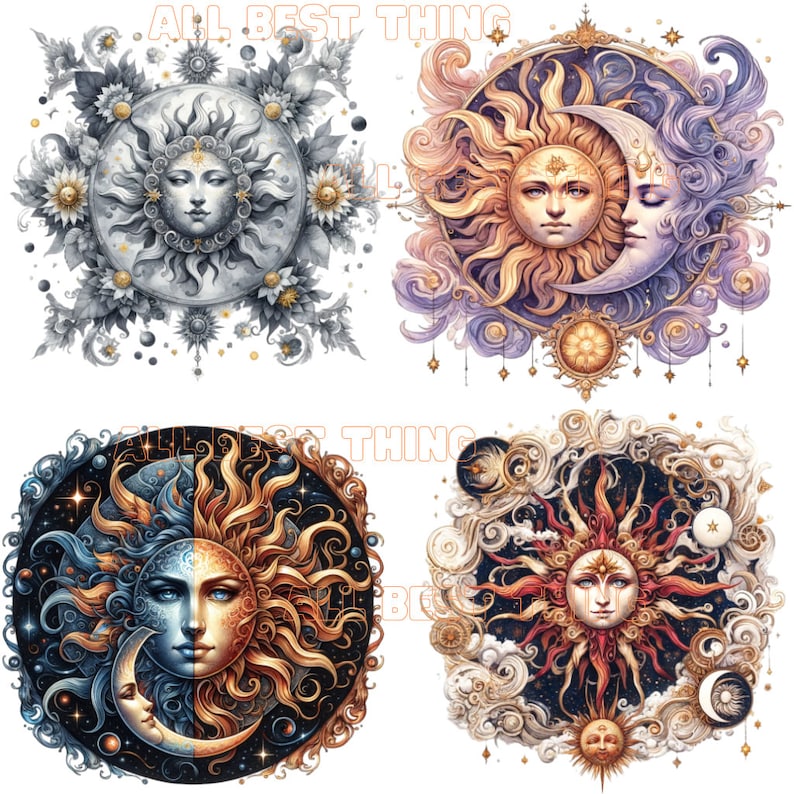 May include: Four celestial-themed illustrations featuring the sun and moon. Each design showcases a sun face with radiant rays, often paired with a crescent moon. The color palettes include gold, blue, and white, with intricate floral and celestial details.