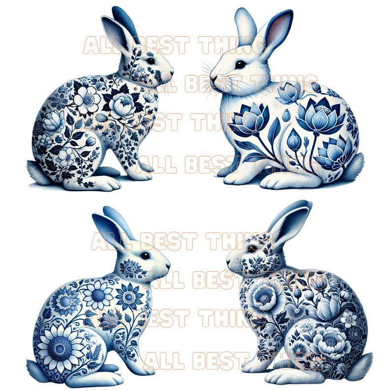 Delf Blue Rabbit 28 Delft Blue Rabbit Clipart, Watercolor Bunny PNG Set, Floral Rabbit ...