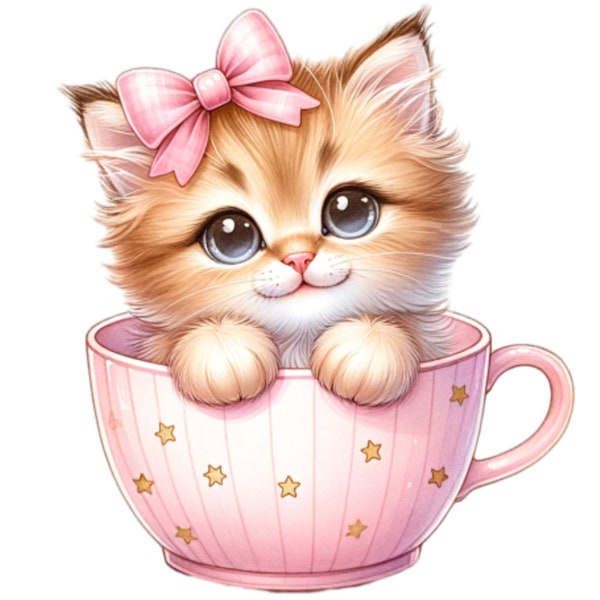 30 lindo gato en taza gatitos gato clipart, lindos gatitos con acciones, lindo gatito png, gato PNG, gatitos de primavera PNG, PNG digital, acuarela