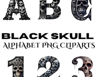 May include: Black and white skull alphabet clipart set with letters A, B, C and numbers 1, 2, 3. Each letter and number is decorated with intricate details and skulls.