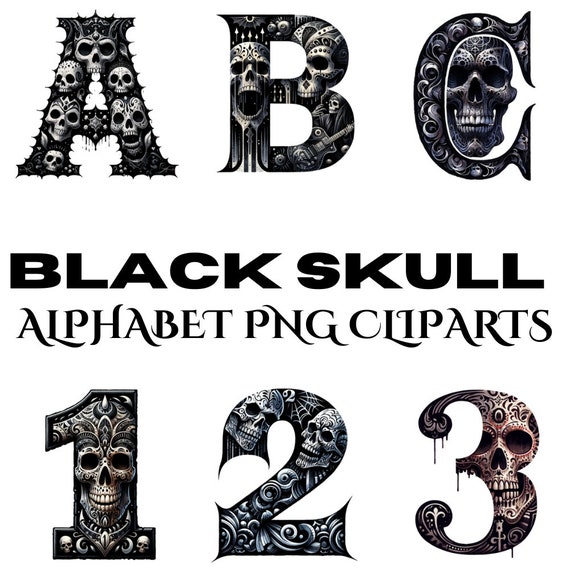 Black Skull Gothic Alphabet Collection Clipart, PNG Skull