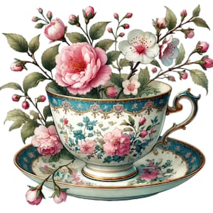 24 Blumenteetasse PNG Clipart, Blumentee-Set, druckbare Aquarell Clipart, hochwertige JPGs, digitaler Download, Papiermodell, Junk Journals