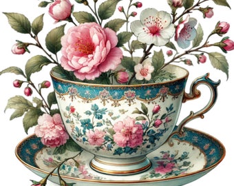 May include: A vintage teacup and saucer with a floral pattern. The cup is filled with pink and white flowers, and the saucer has a blue and gold trim.