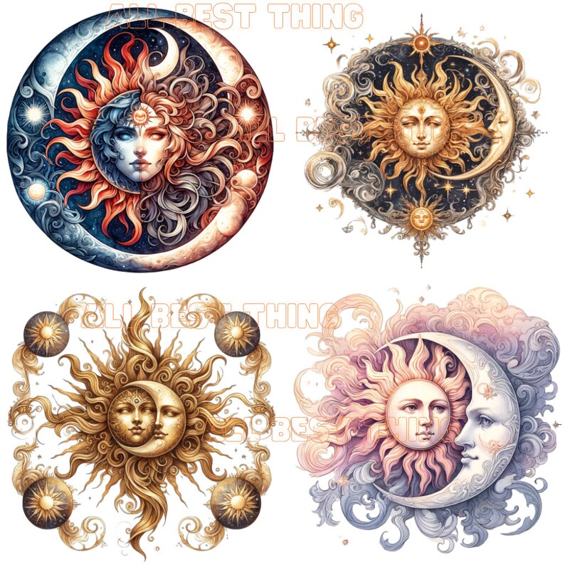 May include: Four celestial-themed illustrations featuring the sun and moon. The designs showcase detailed artwork with faces on the sun and moon, surrounded by stars and swirling patterns. The color palettes include blues, golds, and pastels.