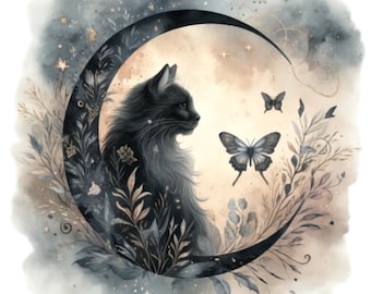 24 Celestial Black Cat PNG Clipart, cat magic clip art, mystical clipart, witchcraft png clipart, pagan clipart png, pagan png, black cat