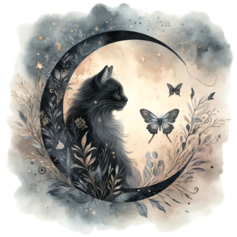 Puede incluir: Un gato negro se sienta en una luna creciente, rodeado de delicadas flores y mariposas pintadas con acuarela. La luna est&aacute; pintada en tonos azules y grises, con un brillo suave y et&eacute;reo.