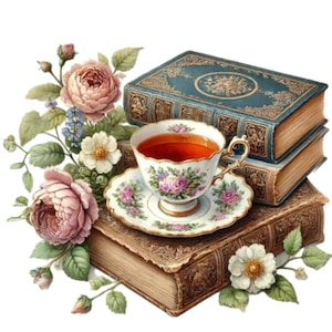 Puede incluir: Una taza de té vintage y un platillo con diseños florales se encuentran sobre una pila de libros antiguos con acentos florales. La taza de té está llena de un líquido rojo oscuro.